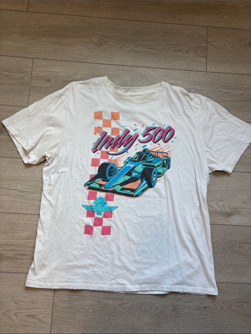 Indy 500 Graphic Tee - White with Teal & Pink Race Car Print